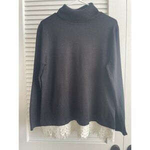 Investments Black Turtle Neck White Lace Trim at Bottom Long Sleeve Women's L
